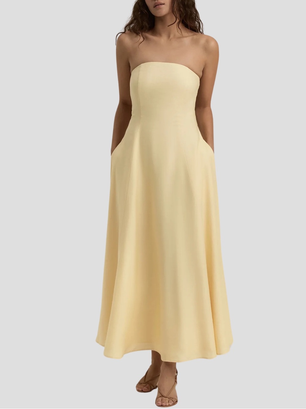 Favorite Daughter Strapless Pale Yellow Midi Dress